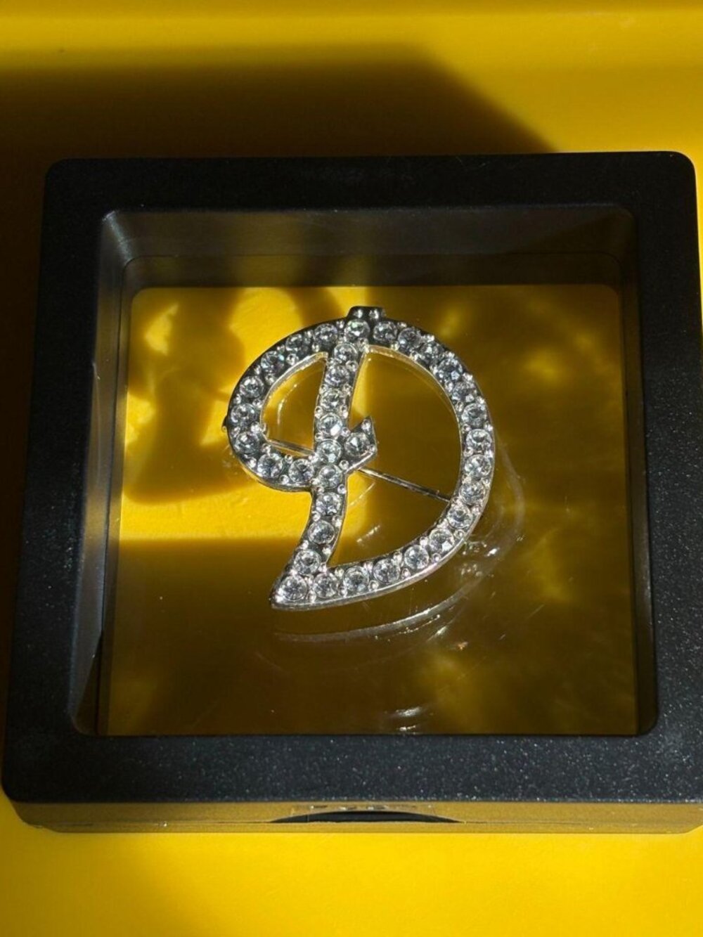 Vintage Signed AVON Rhinestone Initial "D" Cursive Brooch - Silver Tone